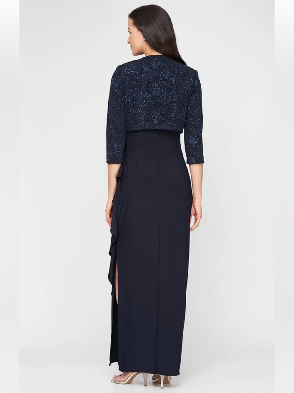 ALEX EVENINGS Matte Jersey Gown with Jacquard Bolero Jacket in Dark Navy. - Picture 3 of 12